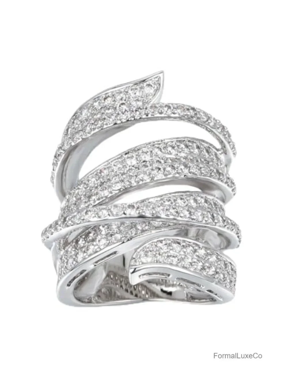 Rhodium Plated Cubic Zirconia Wide Band Cocktail Ring